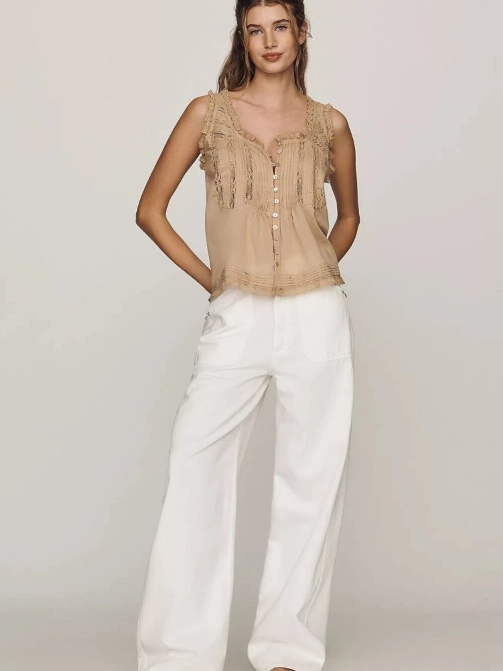 By Anthropologie 100% Cotton Lace Ruffle Tank Top Buttondown Resort XXS 290288